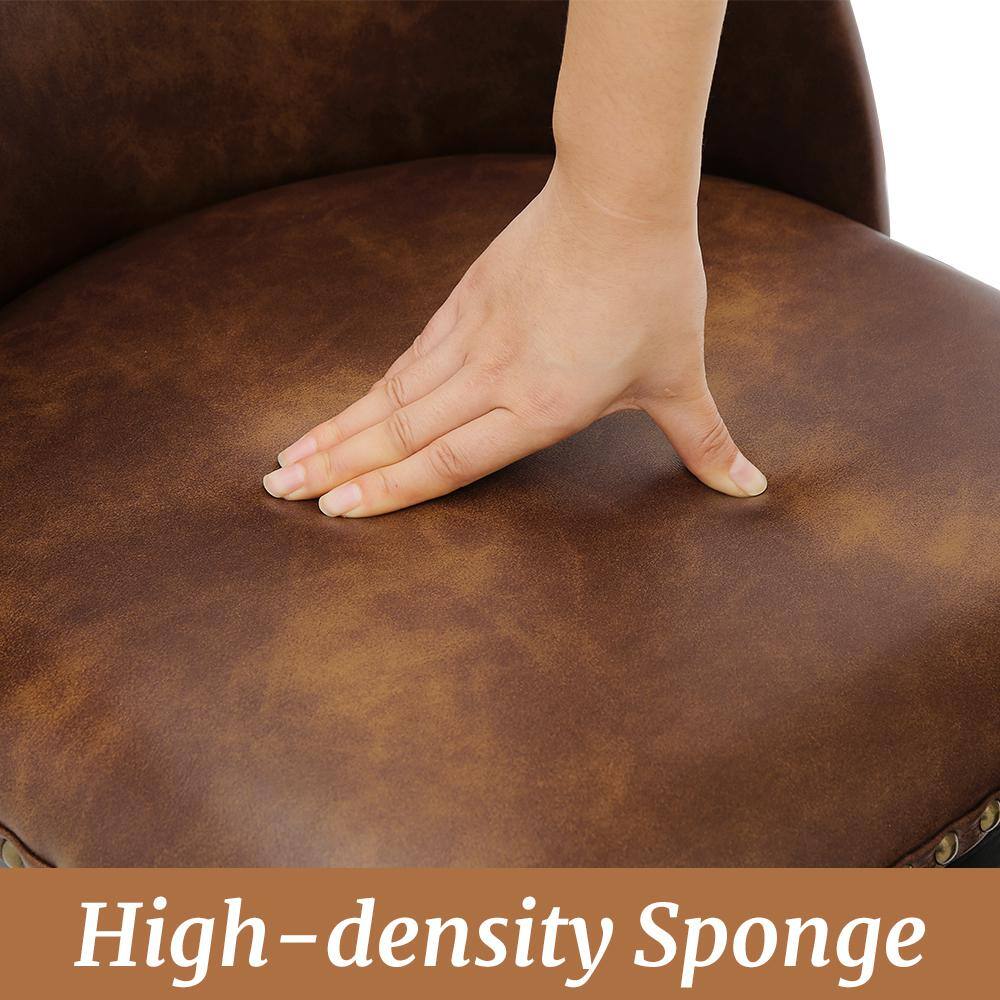 Whiskey Brown Faux Leather Swivel Counter Stools with Wood Legs, Set of 4