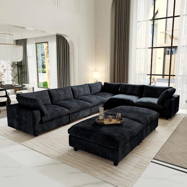 157 in. Square Arm Velvet 8-Piece Free Combination Comfy Couch Cloud Modular Sectional Sofa with Storage Ottoman, Black