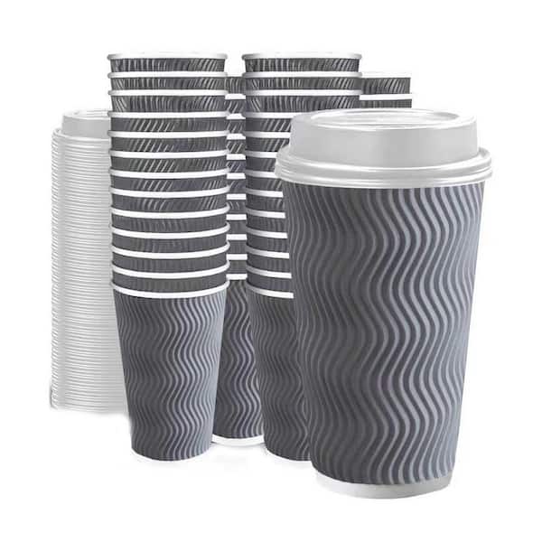 16 oz. Grey Disposable Paper Double Wall Insulated Corrugated Coffee Cups with Lids To Go Hot Drinks 100 Set
