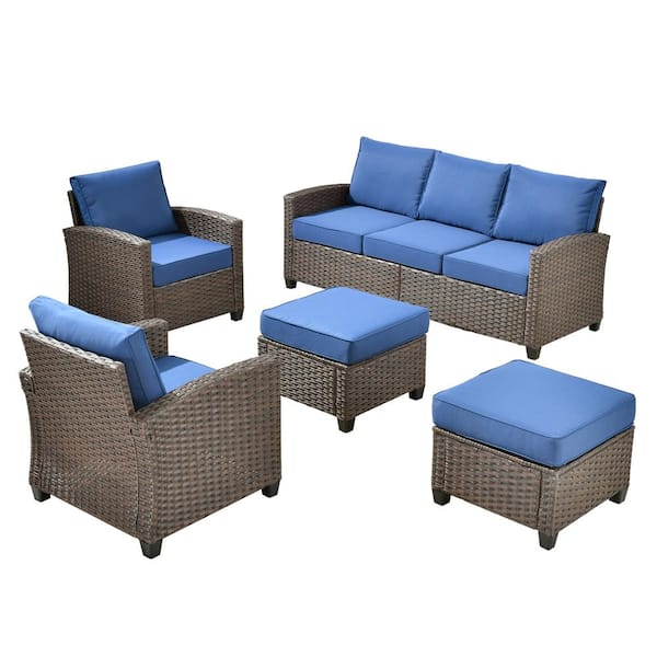Marcia 5-Piece Wicker Modern Outdoor Patio Conversation Sofa Seating Set with Navy Blue Cushions