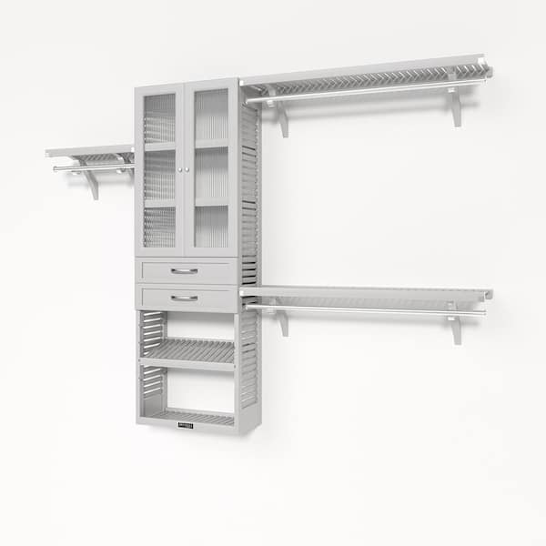 72 in. W - 120 in. W White Reach in with 2 Shaker Style Drawers and Glass Door 12 in. Shelf Wood Closet System