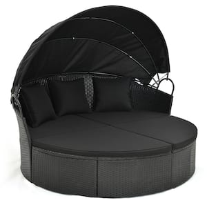 Metal PE Rattan Outdoor Sectional Clamshell Patio Round Daybed with Retractable Canopy and Pillows, Black Cushions