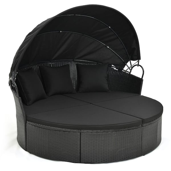 ANGELES HOME Metal PE Rattan Outdoor Sectional Clamshell Patio Round Daybed with Retractable Canopy and Pillows, Black Cushions