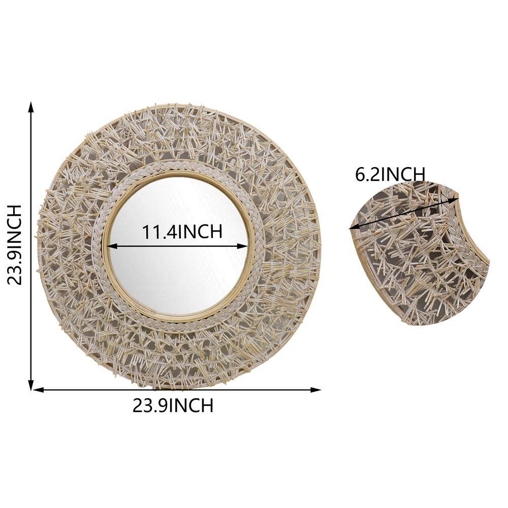 24 Inch Round Whitewashed Rattan and Bamboo Decorative Wall Mirror