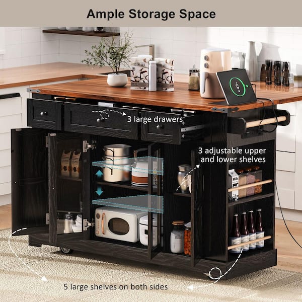 Unbranded Black Wood 51.3 in. Kitchen Island with Drop Leaf, Farmhouse Accent Wheels Internal Storage Rack, Rolling Towel Rack