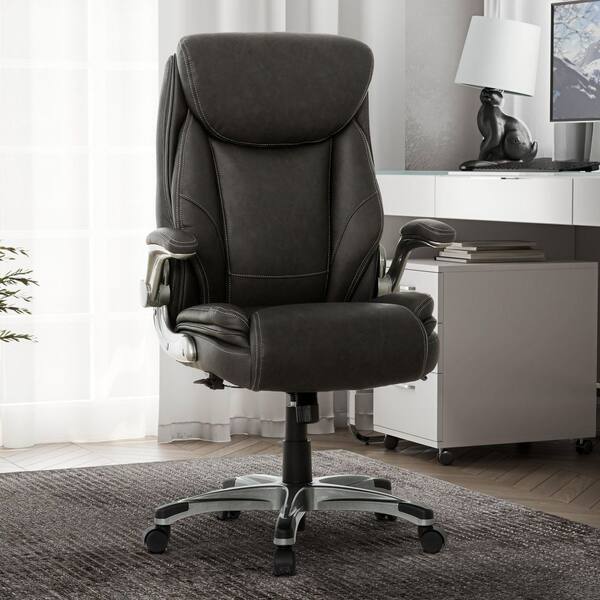 Sealy Fitzroy Bonded Leather Adjustable Swivel Ergonomic Executive Office Chair in Gray with Padded Flip Arms