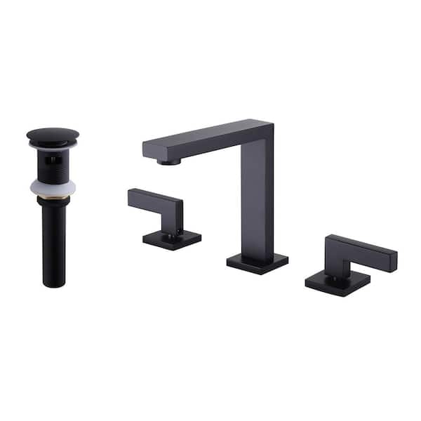 AIMADI 8 in. Widespread Double Handle Bathroom Faucet with Drain Assembly Modern Brass 3-Hole Bathroom Basin Tap in Matte Black