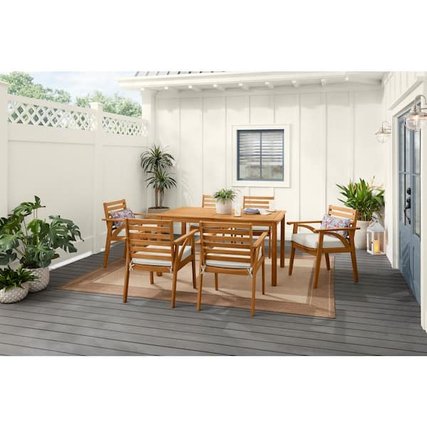Windy Hill 7-Piece Acacia Wood Outdoor Dining Set with CushionGuard Almond Biscotti Cushions