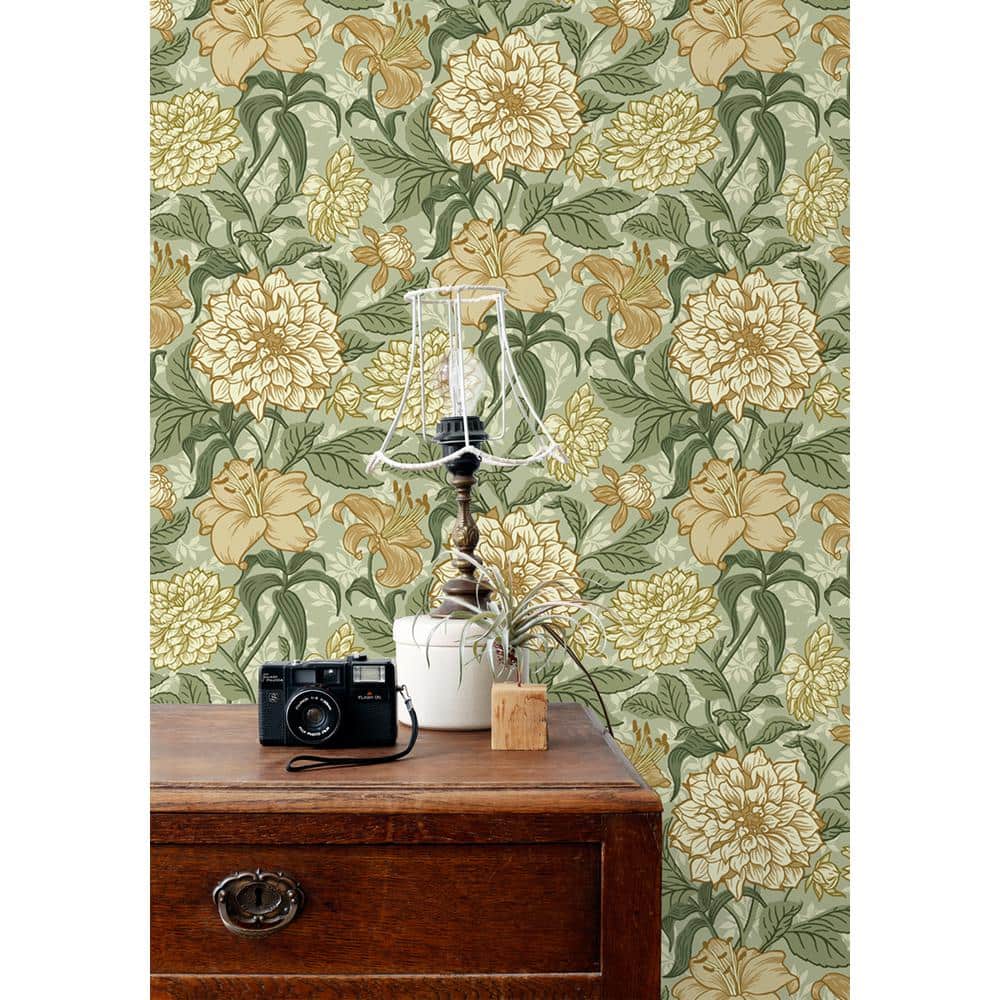 Persephone Golden Yellow and Pale Green Floral Wallpaper