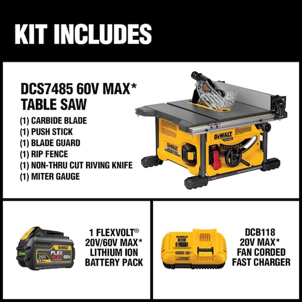 FLEXVOLT 60V MAX Cordless Brushless 8-1/4 in. Table Saw Kit with (1) FLEXVOLT 6.0Ah Battery