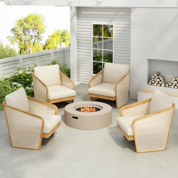 CHRISTOPHER KNIGHT HOME Bendgn Teak Finish Solid Wood Patio Outdoor Lounge Chair with Beige Cushion, Set of 4