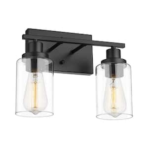 13 in. 2-Light Modern Matte Black Finish Vanity Light Wall Fixtures with Clear Glass