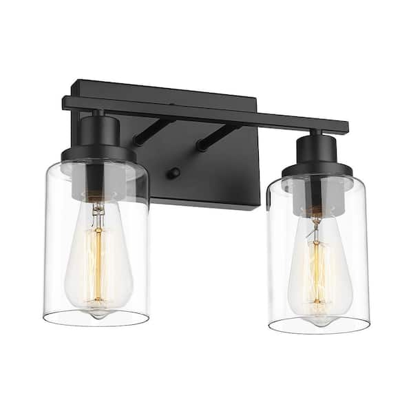 JAZAVA 13 in. 2-Light Modern Matte Black Finish Vanity Light Wall Fixtures with Clear Glass