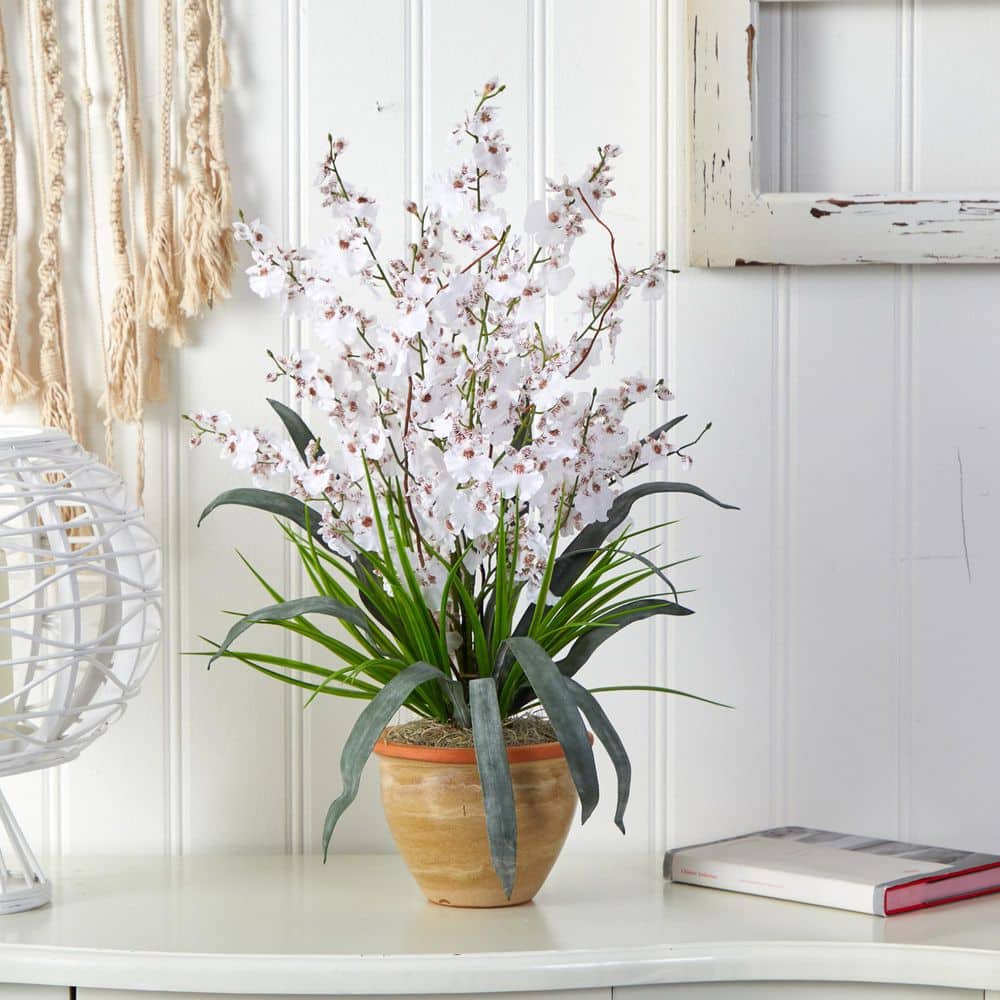 White Silk Orchid Arrangement with Ceramic Pot, 26-inch