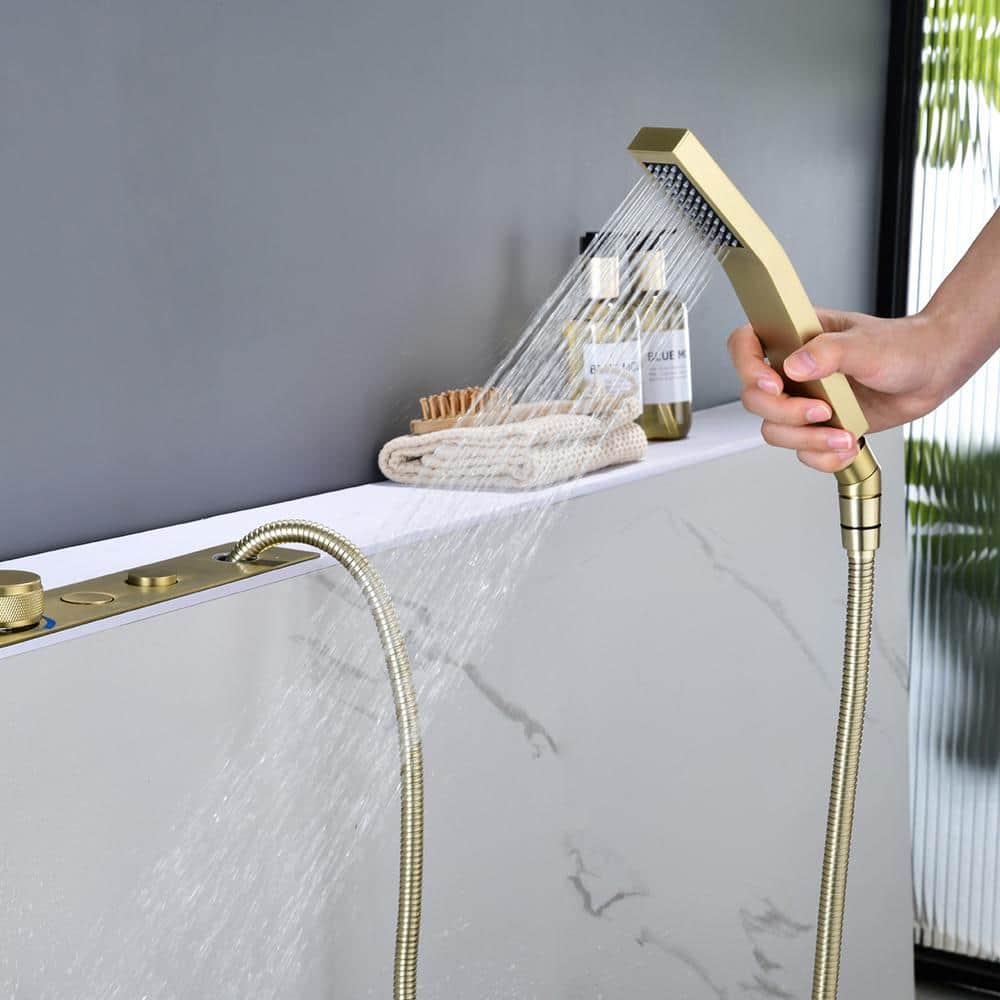 Brushed Gold Single Handle Waterfall Tub Faucet with Hand Shower