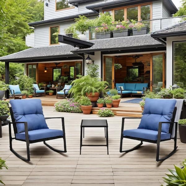 3-Piece Metal Outdoor Bistro Set with Blue Cushions Patio Rocking Chair ...