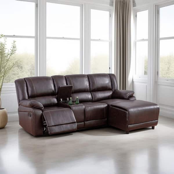 AndMakers 98 in. W Curved Arm 2-Piece L Shaped Faux Leather Transitional Sectional Sofa in Brown with Storage