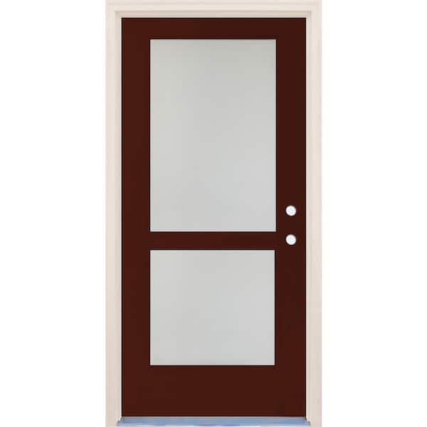 Builders Choice 36 in. x 80 in. Left-Hand/Inswing 2 Lite Satin Etch Glass Chestnut Fiberglass Prehung Front Door w/4-9/16" Frame