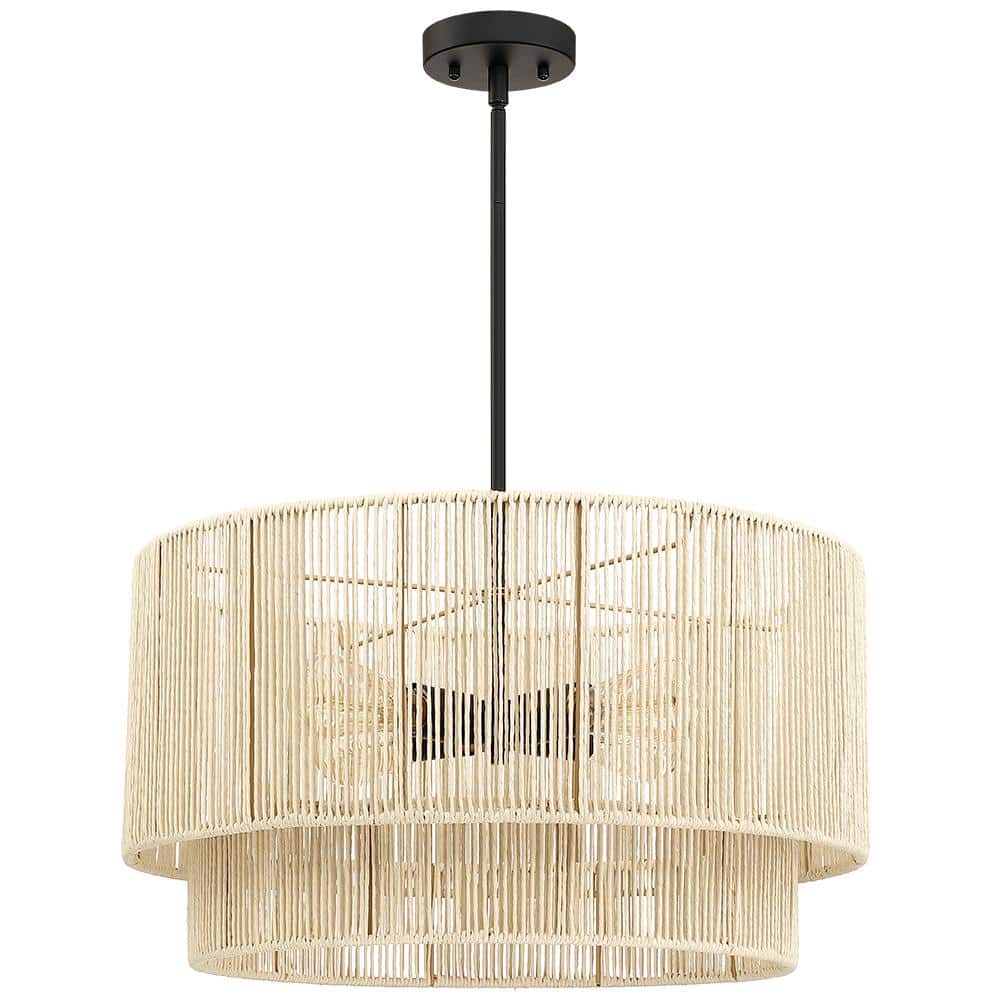 TRUE FINE 22 in. 4-Light Rattan Tiered Drum Pendant Chandelier