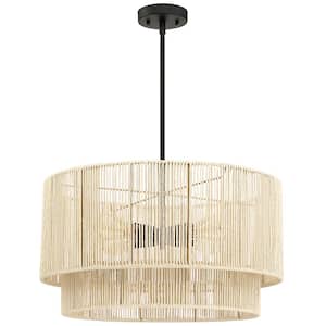 22 in. 4-Light Rattan Tiered Drum Pendant Chandelier Light with Black Canopy