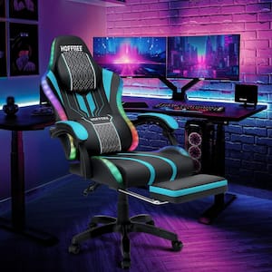 Faux Leather Massage Ergonomic Gaming Chair Big and Tall Game Chair in Blue with Bluetooth Speakers LED Lights Footrest