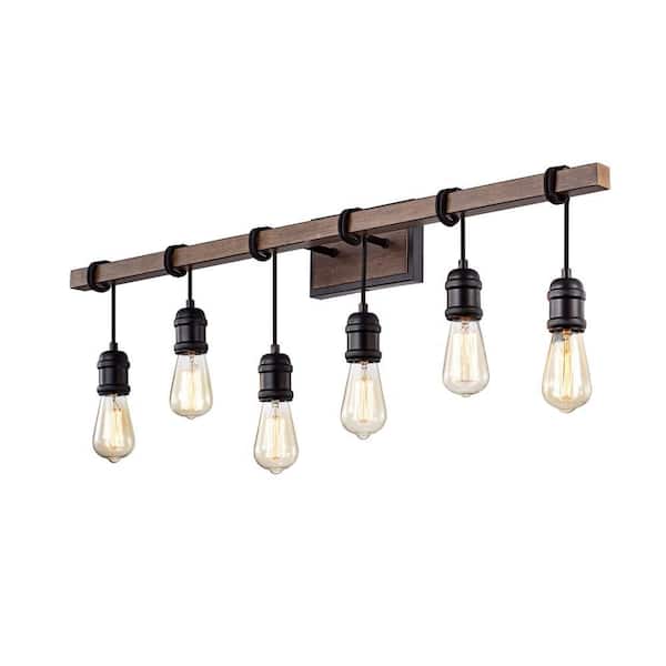 Ellen 6-Light Antique Black and Faux Wood Grain Finish Hardwired Modern Swing Arm Wall Lamp 39 in. W
