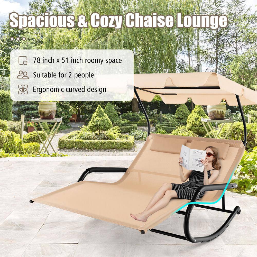 Beige Metal Outdoor Rocking Chaise Lounge with Adjustable Canopy