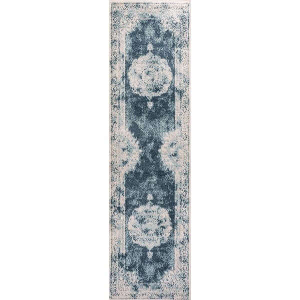 Rosalia Cottage Medallion Ivory/Blue 2 ft. x 8 ft. Runner Rug