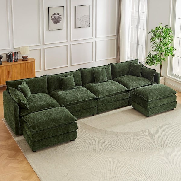 147.2 in. Square Arm L-Shaped Chenille Deluxe Pillow-Styled Modular Sectional Sofa in. Green with 2 Ottoman