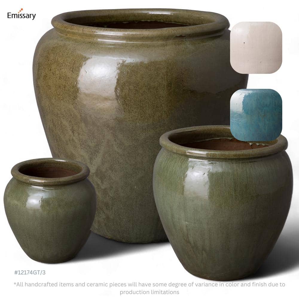 Tea Green Ceramic 13" Round Rimmed Indoor/Outdoor Planter