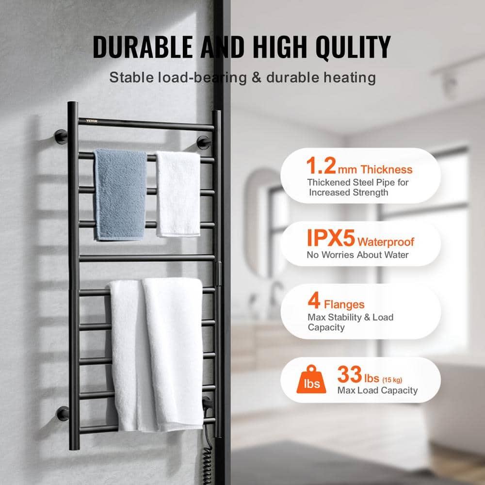 Black Stainless Steel 10-Bar Wall Mounted Heated Towel Rack