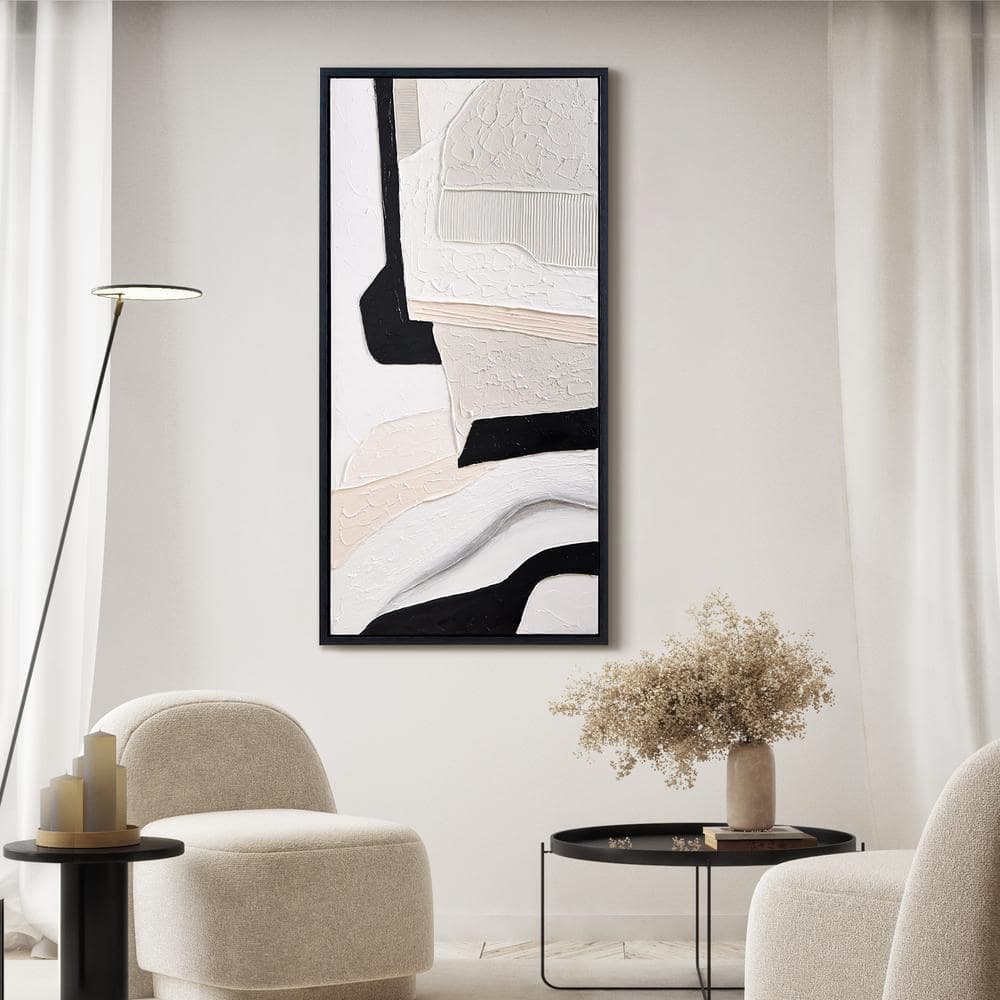 Monochrome Abstract Black and White Textured Canvas Painting, 24" x 48"