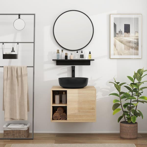 24 in. W x 19 in. D x 17 in. H Single Sink Burlywood Bath Vanity with Black Round Solid Surface Top Sink and Mirror