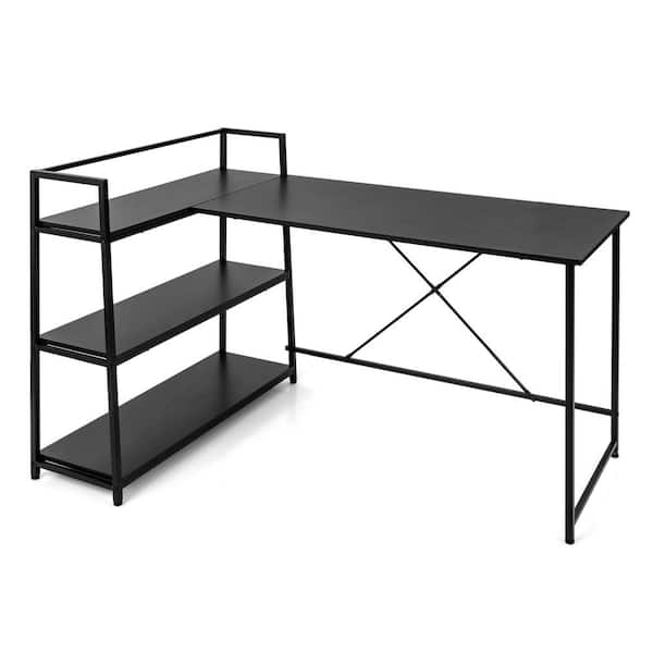 Costway 59 in. Black Reversible L Shaped Computer Desk Corner Workstation with 3-Tier Open Shelf
