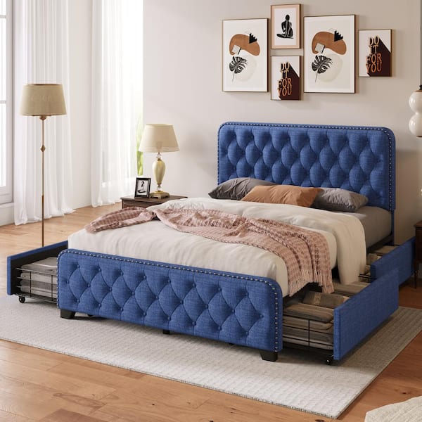 Harper & Bright Designs Blue Metal Frame Full Size Button Tufted Nailhead Upholstered Platform Bed with 4 Large Drawers