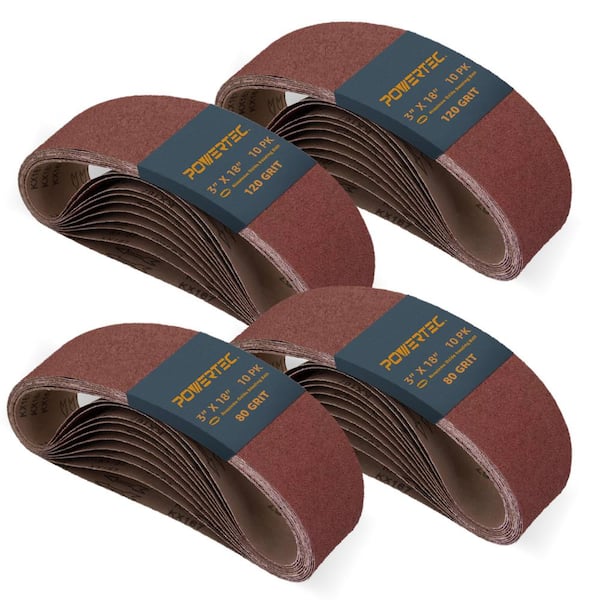 ‎POWERTEC 3 in. x 18 in. Sanding Belts Assortment, 20 Each of 80/120 Grit for Portable Belt Sander (40-Pack)