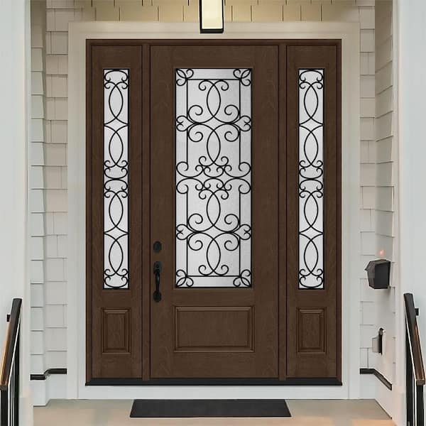Regency 64 in. x 96 in. 3/4Lite Georgian Decorative Glass LHOS Hickry Mahogny Fiberglass Prehung Front Door w/Dbl12in.SL