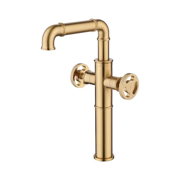 12" H Single-Hole Dual Knob Handle Bathroom Faucet in Brushed Gold