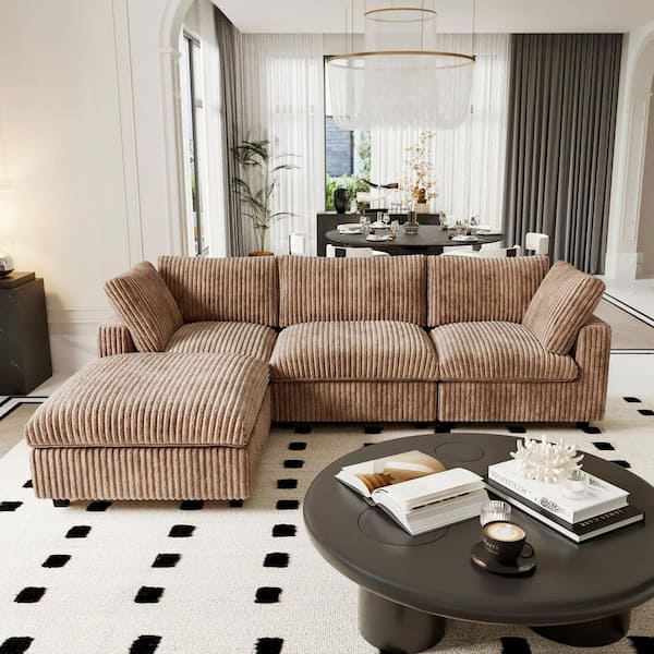 118 in. Square Arm Soft Faux Rabbit Fur Velvet 4-Piece Modular Sectional Sofa with Ottoman,Washable Covers in Brown