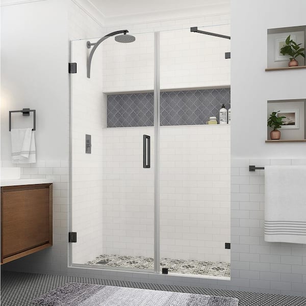 Aston Nautis XL 53.25 - 54.25 in. W x 80 in. H Hinged Frameless Shower Door in Matte Black with Clear StarCast Glass