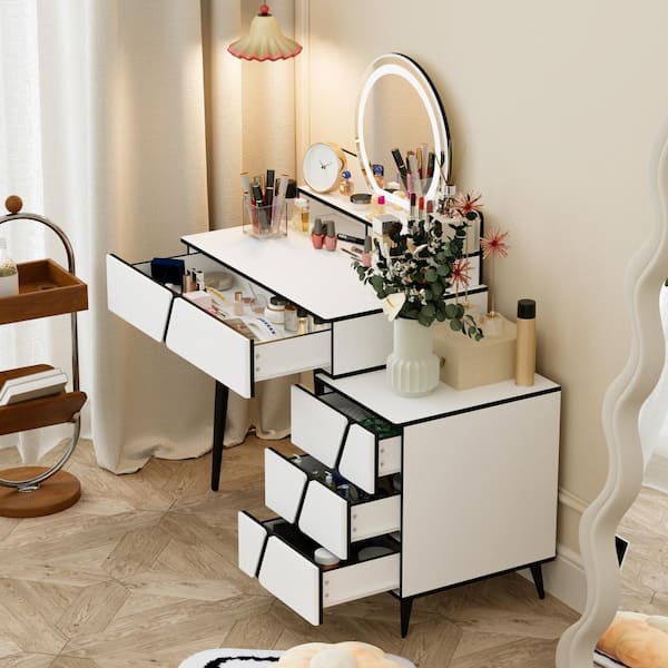 FUFU&GAGA White Wood Wardrobe Makeup Vanity Set With Armoire closet Glass  Table Top Lighted Round Mirror Hanging Rod Drawers WFKF180143-01 - The Home  Depot