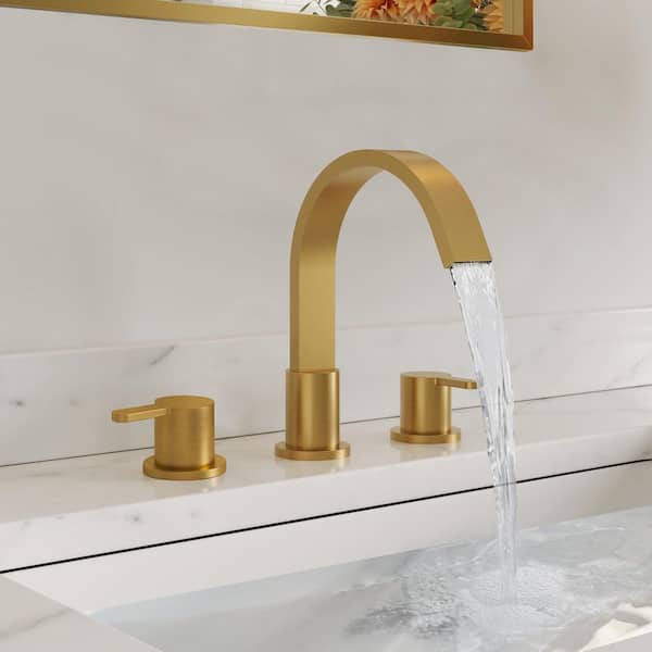 3-Hole Waterfall 8 in. Widespread Double Handle High-Arc Bathroom Sink Faucet in Spot Resist Brushed Gold Drain Included