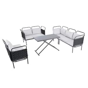 5-Piece Modern Metal Black Woven Rope Outdoor Sectional Set Woven Rope Furniture Set with Glass Table and Gray Cushions