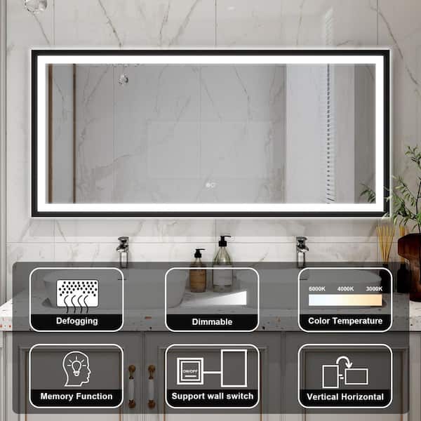 LUKY 60 in W x 28 in. H Rectangular Single Aluminum Framed Anti-Fog LED Light Wall Bathroom Vanity Mirror in Matte Black