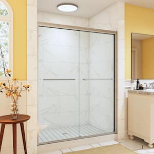 56 in.- 60 in. W x 76 in. H Double Sliding Semi-Frameless Shower Door in Brushed Nickel with 5/16 in. (8 mm) Clear Glass