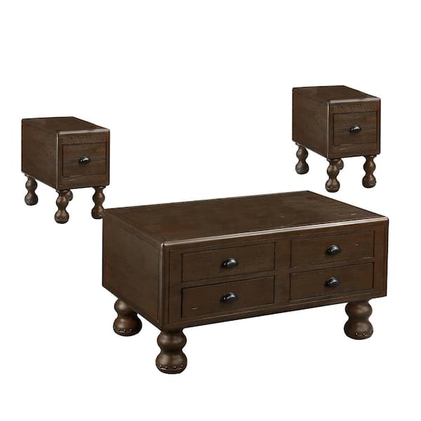 Unbranded 3-Piece 40 in. W Espresso Solid Wood Rectangle Coffee Table with 4 Drawers, Rivet Decoration Legs and 2 End Table