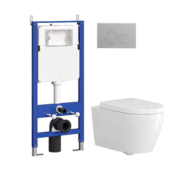 1.1/1.6 GPF Dual Flush Wall-Mounted Elongated Toilet Bowl in White with Concealed In-Wall Toilet Water Tank, Flush Plate