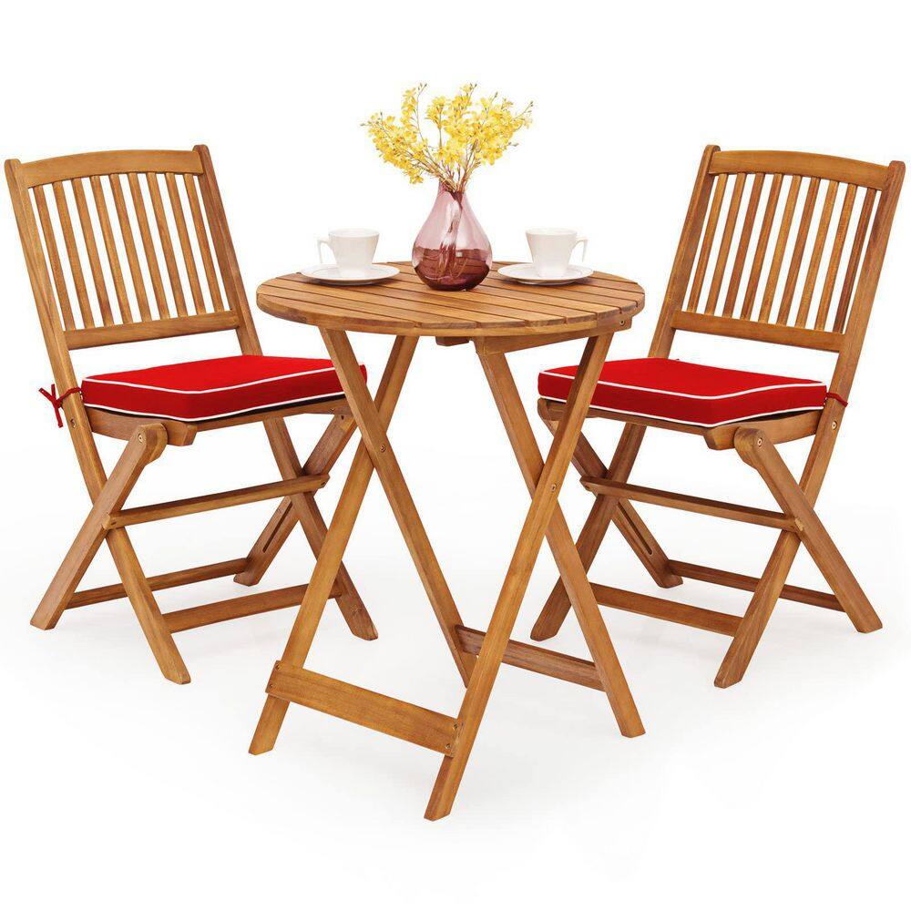 Alpulon Brown 3Piece Folding Wooden Outdoor Bistro Set with Red