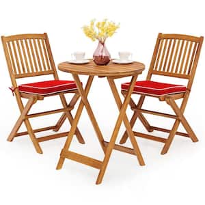 Brown 3-Piece Folding Wooden Outdoor Bistro Set with Red Cushions