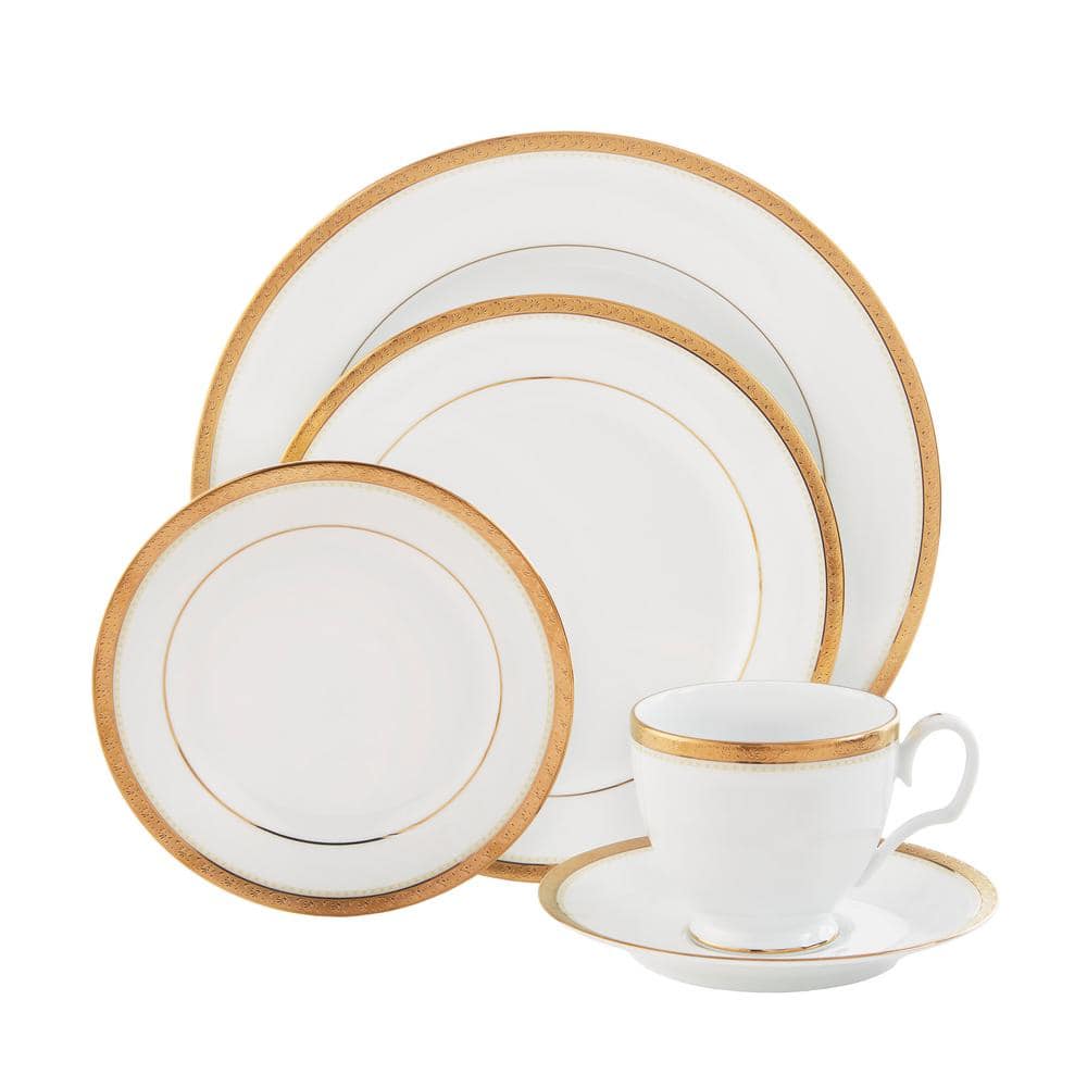 Charlotta Gold Trim White Porcelain 5-Piece Place Setting